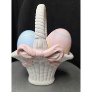 VTG Ceramic Easter Salt Pepper Shakers Pastel Eggs in Basket Holder